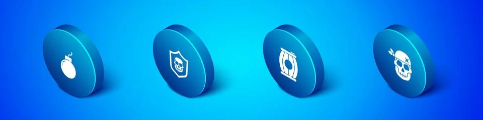 Set Isometric Bomb ready to explode, Gun powder barrel, Skull and Shield with Stock Illustration