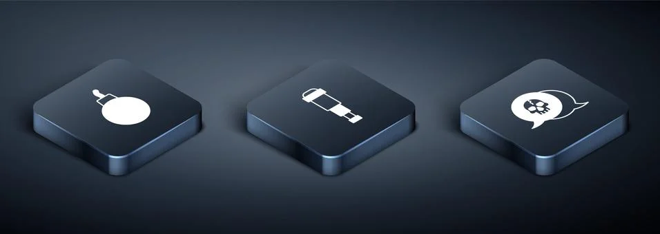 Set Isometric Bomb ready to explode, Skull and Spyglass telescope lens icon.  Stock Illustration