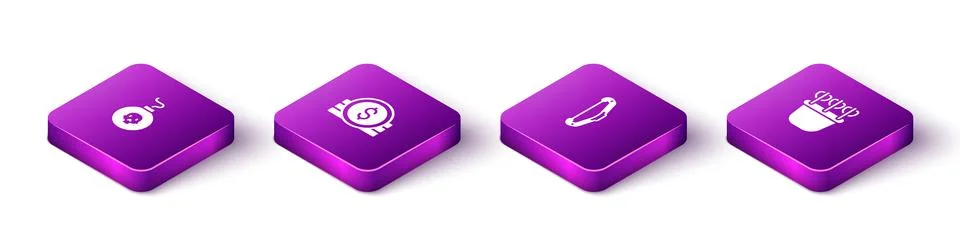 Set Isometric Bomb ready to explode, Ancient coin, Medieval bow and Quiver with 스톡 일러스트