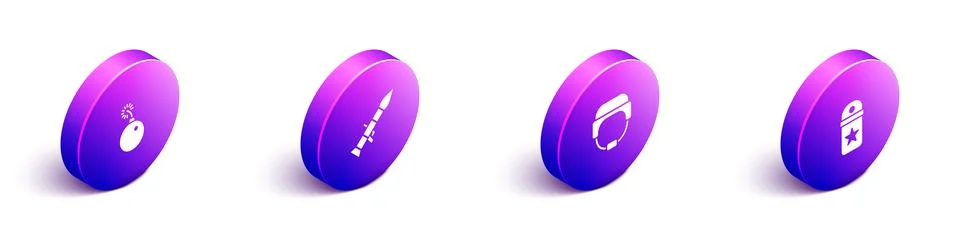 Set Isometric Bomb ready to explode, Rocket launcher, Military helmet and Stock Illustration