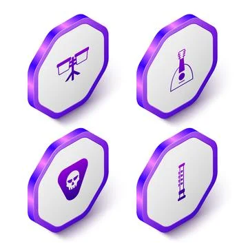 Set Isometric Bongo drum, Balalaika, Guitar pick and Flute icon. Purple hexagon Illustrazione stock