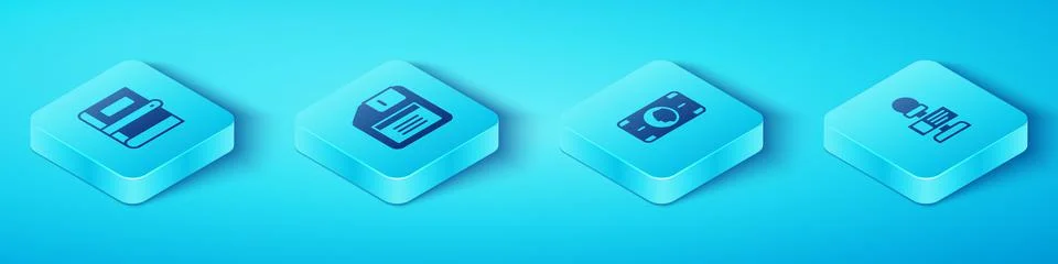 Set Isometric Book, Floppy disk, Microphone and Stacks paper money cash icon. Illustrazione stock