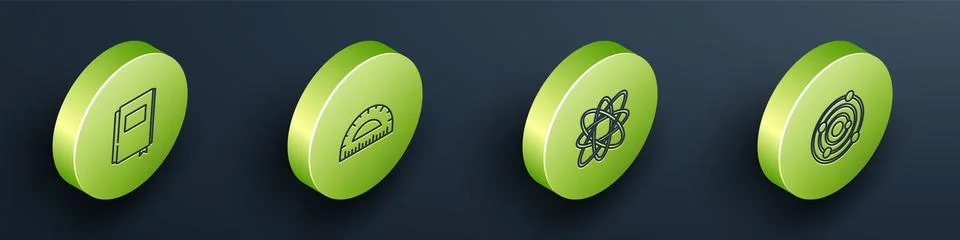 Set Isometric Book, Protractor, Atom and Solar system icon. Vector Stock Illustration