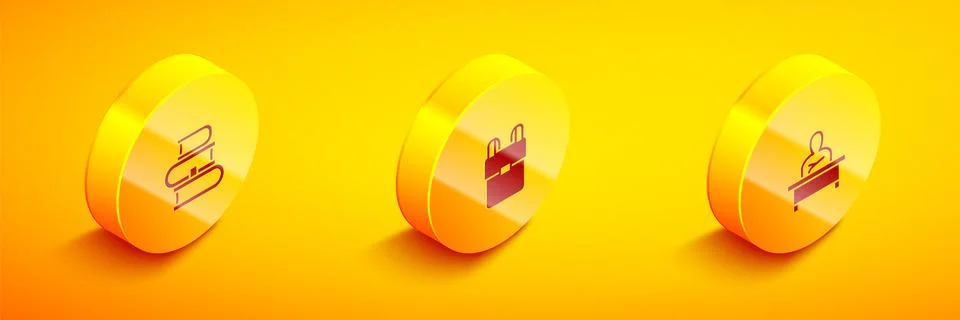 Set Isometric Book, School backpack and Schoolboy sitting at desk icon. Vector Illustrazione stock
