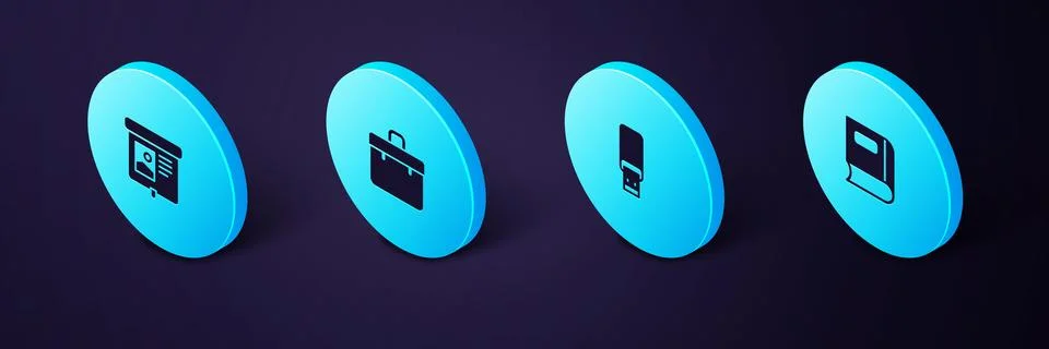 Set Isometric Book, USB flash drive, Briefcase and Projection screen icon. .. Stock Illustration
