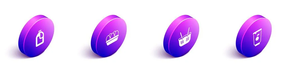 Set Isometric Bottle for cleaning agent, Chicken egg box, Shopping basket and Stock Illustration