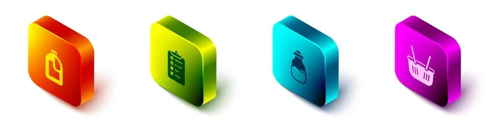 Set Isometric Bottle for cleaning agent, Shopping list, Spice can and basket Stock Illustration