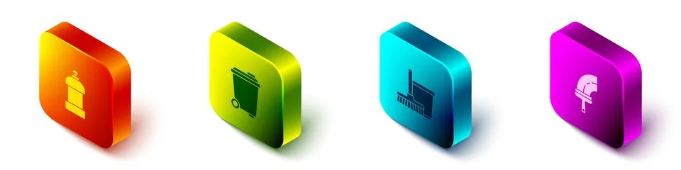 Set Isometric Bottle for cleaning agent, Trash can, Mop and bucket and Rubber Stock-Illustration