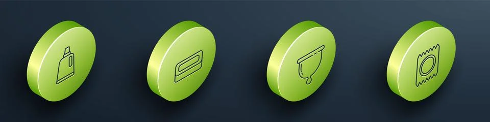 Set Isometric Bottle for cleaning agent, Bar of soap, Menstrual cup and Condo Stock Illustration
