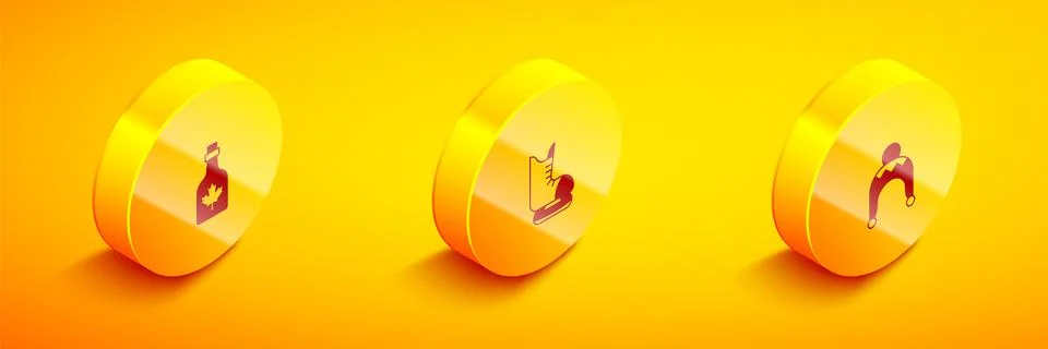 Set Isometric Bottle of maple syrup, Skates and Winter hat icon. Vector Stock Illustration