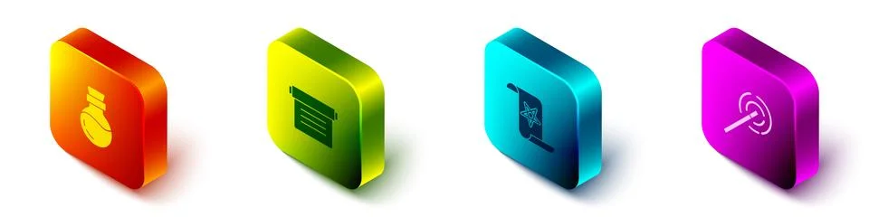Set Isometric Bottle with potion, Ancient magic book,  and Magic wand icon... Stock Illustration