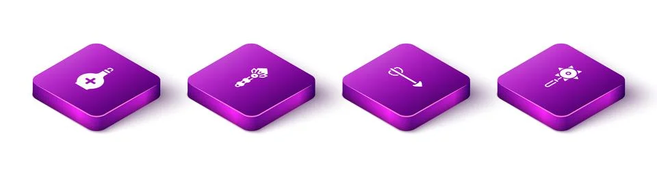 Set Isometric Bottle with potion, Magic wand, Arrow and Medieval chained mace Illustrazione stock