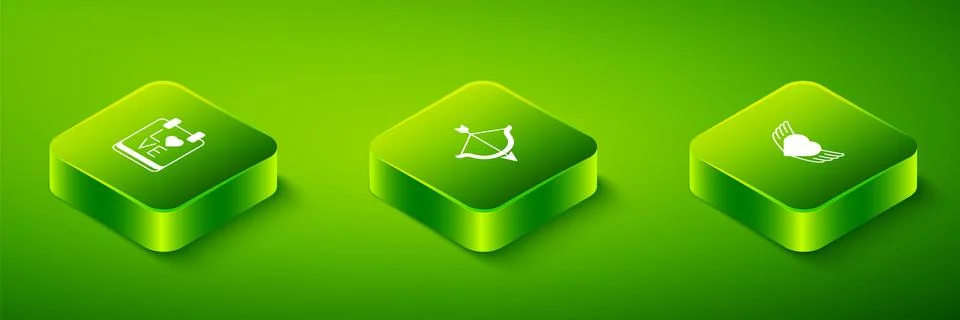 Set Isometric Bow and arrow, Heart with wings and Calendar February 14 icon.. Stock Illustration