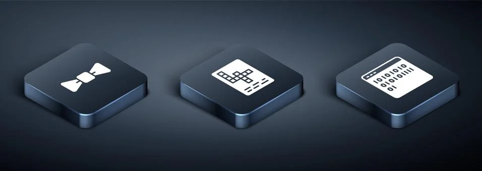Set Isometric Bow tie, Binary code and Crossword icon. Vector Illustrazione stock