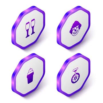 Set Isometric Bowling pin, Clown head, Ice cream waffle and Unicycle icon. .. Stock Illustration