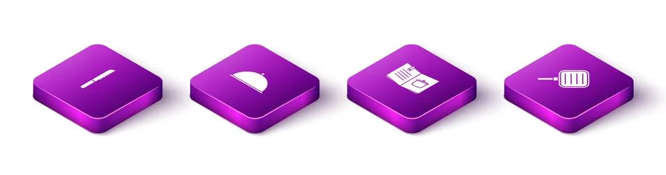 Set Isometric Bread knife, Covered with tray, Cookbook and Frying pan icon Stock Illustration
