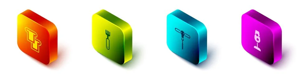 Set Isometric Bread toast, Fork, Wine corkscrew and glass icon. Vector 스톡 일러스트