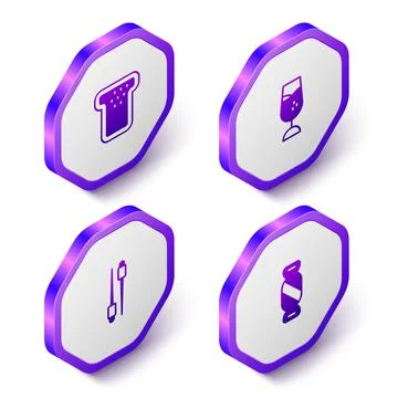 Set Isometric Bread toast, Wine glass, Food chopsticks and Candy icon. Purple Stock Illustration