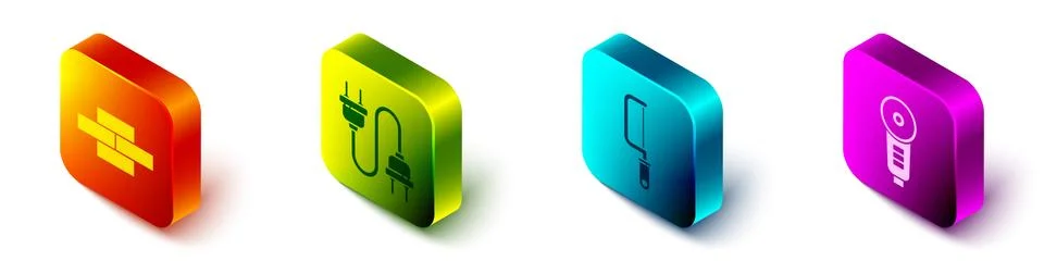 Set Isometric Bricks, Electric plug, Hacksaw and Angle grinder icon. Vector Illustrazione stock
