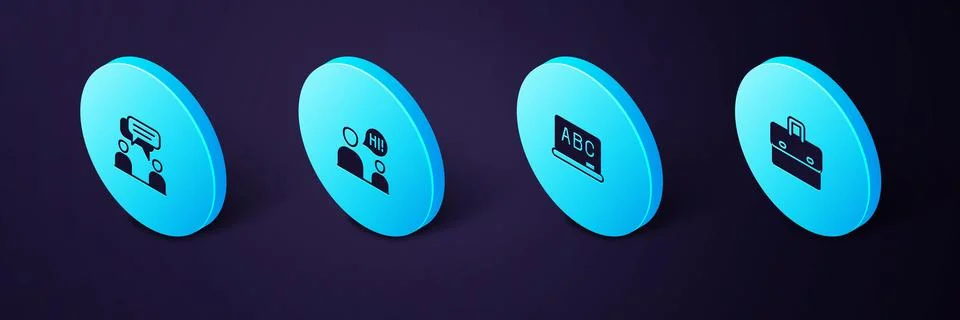 Set Isometric Briefcase, Chalkboard, Two sitting men talking and icon. Vector Stock Illustration