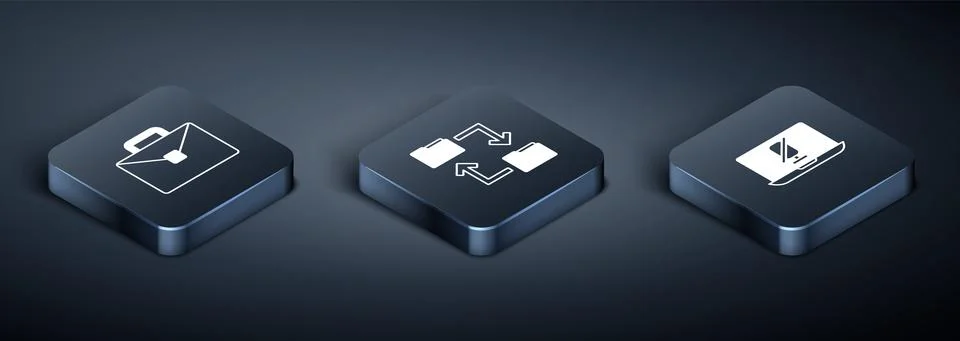 Set Isometric Briefcase, Mute microphone on laptop and Cloud storage document Stock-Illustration