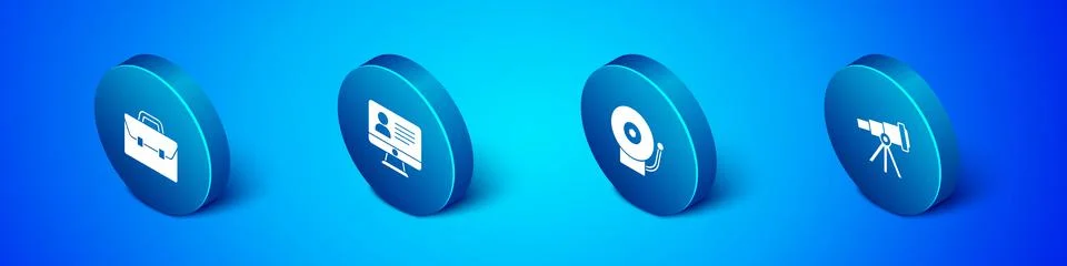 Set Isometric Briefcase, Ringing alarm bell, Telescope and Online class icon Stock-Illustration