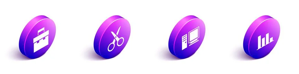 Set Isometric Briefcase, Scissors, Computer monitor and Pie chart infographic Stock-Illustration