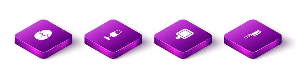 Set Isometric Broken egg, Wine glass, Cutting board and Meat chopper icon Stock Illustration