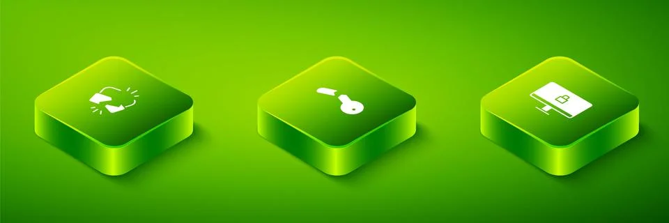 Set Isometric Broken key, Lock on computer monitor and cracked lock icon. Vector 库存插图