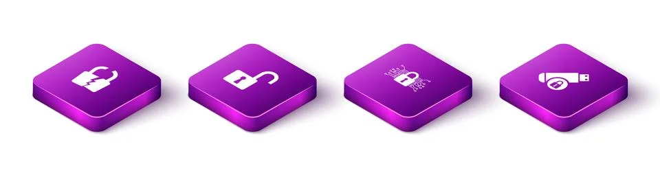 Set Isometric Broken or cracked lock, Open padlock, Cyber security and USB fl Illustrazione stock