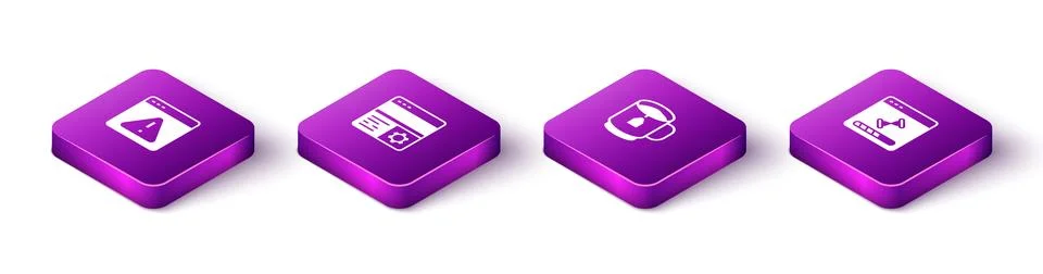 Set Isometric Browser with exclamation mark, Debugging, Cup of tea tea bag .. Stock Illustration