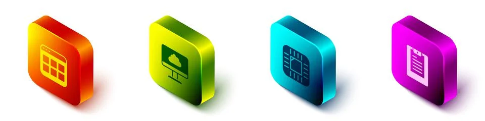 Set Isometric Browser files, Cloud technology data transfer, Processor with CPU Illustrazione stock