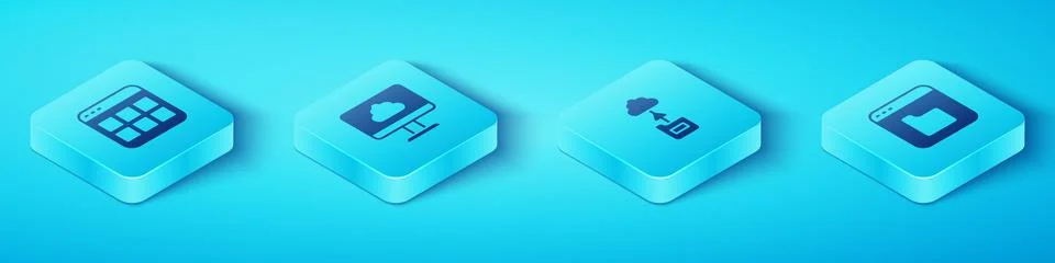 Set Isometric Browser files, Cloud technology data transfer, and icon. Vector Illustrazione stock