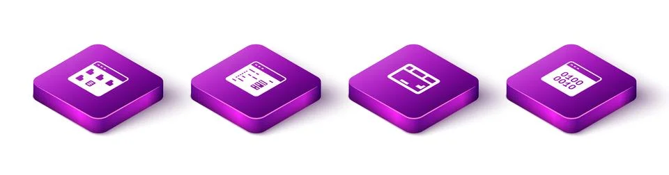 Set Isometric Browser files, Software, Keyboard and Binary code icon. Vector Stock Illustration