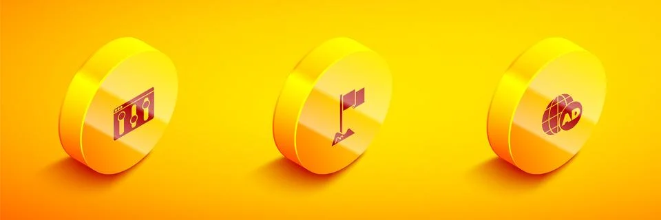 Set Isometric Browser setting, Location marker and Advertising icon. Vector Stock Illustration
