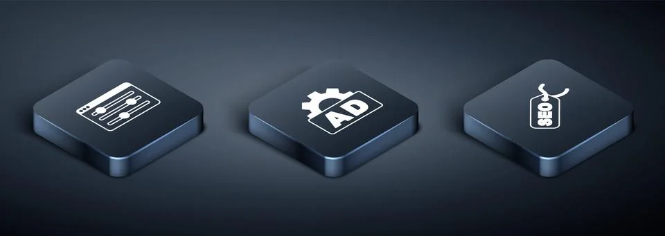Set Isometric Browser setting, SEO optimization and Advertising icon. Vector 스톡 일러스트