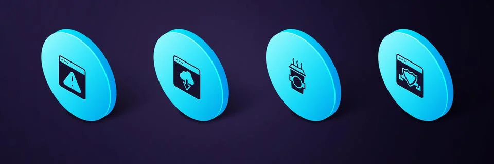Set Isometric Browser with shield, Coffee cup to go, Cloud technology data Stock Illustration