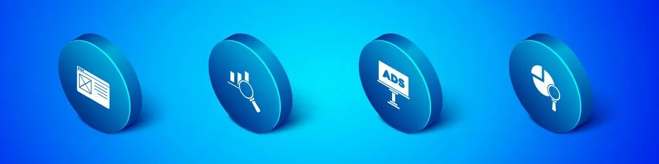 Set Isometric Browser window, Advertising, Magnifying glass and analysis and Stock Illustration