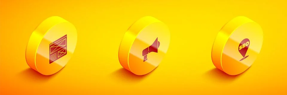 Set Isometric Browser window, Megaphone and SEO optimization icon. Vector イラスト素材