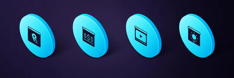 Set Isometric Browser window, Online play video, shopping on screen and Stock Illustration