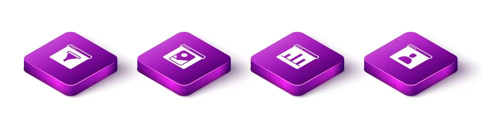 Set Isometric Browser window, Photo retouching, Graph chart infographic and Stock Illustration