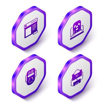 Set Isometric Browser window, Radioactive warning lamp, Artificial intelligence Illustrazione stock