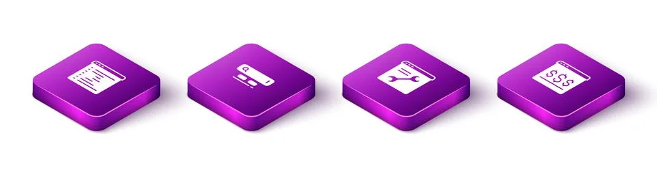 Set Isometric Browser window, Search engine, setting and Online shopping on s 스톡 일러스트