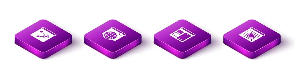Set Isometric Browser window, Search engine, Web developer programming code.. Illustrazione stock