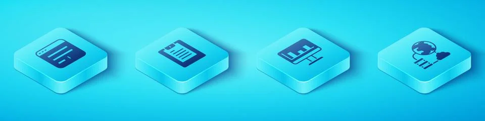 Set Isometric Browser window, Server, Data report, Network cloud connection and 스톡 일러스트