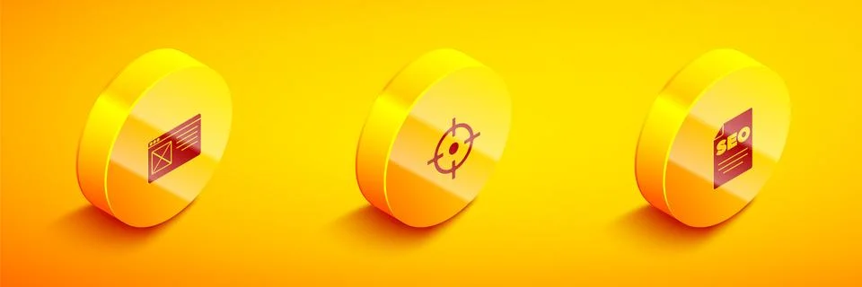 Set Isometric Browser window, Target sport and SEO optimization icon. Vector Stock Illustration