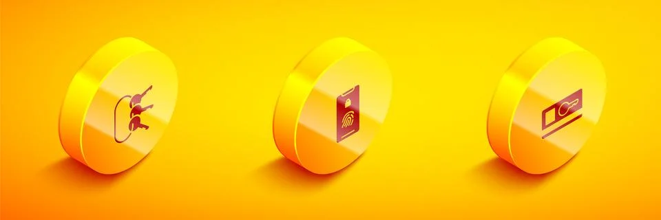Set Isometric Bunch of keys, Mobile with fingerprint scan and Key card icon Stock Illustration