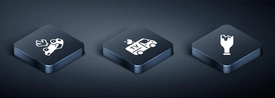 Set Isometric Burning car, Broken bottle as weapon and TV News icon. Vector Illustrazione stock