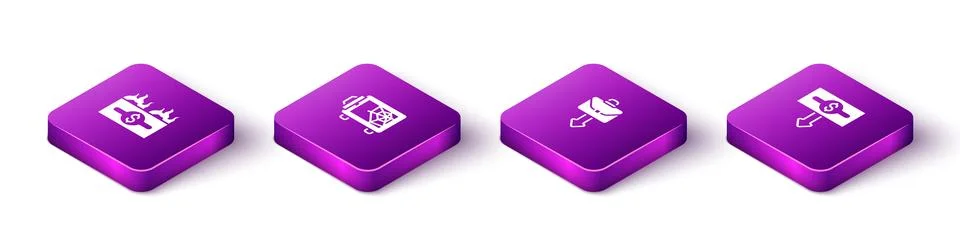 Set Isometric Burning dollar bill, Safe, Briefcase and Dollar rate decrease.. Stockillustratie