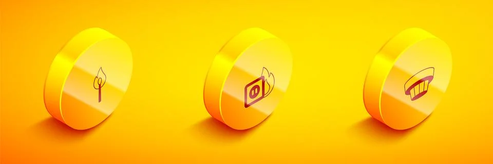 Set Isometric Burning match with fire, Electric wiring of socket and Smoke al Stock Illustration